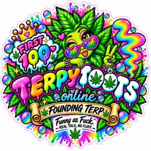Terpy Toots Founding 100 graphic featuring the Terpy Toots mascot, colorful cannabis leaves, and the Funny as Fuck. Real Talk, No Fluff. tagline.