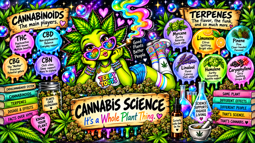 Colorful Terpy Toots cannabis science illustration featuring Terpy Girl with cannabinoids THC, CBD, CBG and CBN plus limonene, pinene, linalool, humulene and caryophyllene.